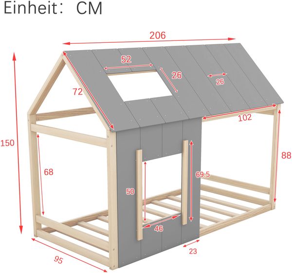 90 x 200 Kinderbett, Kinderbett in Hausform, Einzelhaus-Flachbett mit Dach und Fenster, Natur + Grau (ETA:12/8) Bild 5