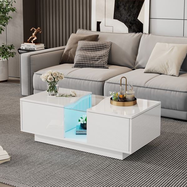 Couchtisch, LED-Couchtisch mit 2 Schubladen Acrylplatte Hochglanz-Beistelltisch, MDF+Acryl, Weiß, 100x50x35cm