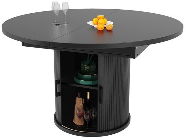 OKWISH Esstisch Runder Tisch,Moderne Esstisch,Teleskoptisch (Esstisch Walnuss/Schwarz – Rund bis Oval 118-158 cm, 1-St)