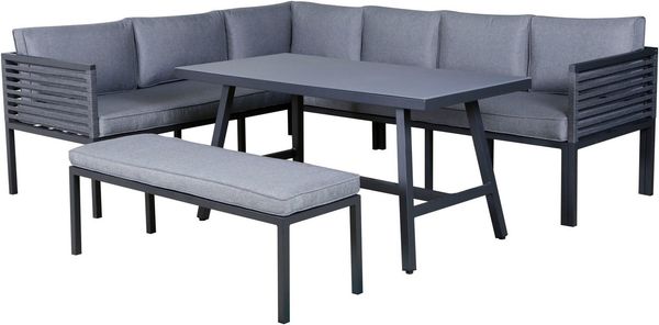 KONIFERA Gartenlounge-Set Ecklounge »Edessa«, (Set, 14-tlg, 2x 3er Sofa, Tisch 70x140x69 cm, 1 Sitzbank, inkl. Auflagen), Armlehne mit Seilgeflecht und Nonwood-Latten