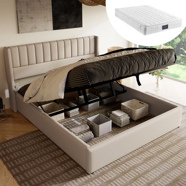 Polsterbett 160x200 cm mit Stauraum und hydraulischem Lattenrost, gepolstertes Kopfteil, Massivholz Metallbett in Beige,inklusive Matratze