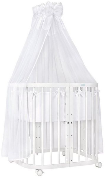 Waldin Babybett aus Holz 7in1 mit Matratze, mitwachsendes Kinder-Bett, belüftet, Boden 5-fach verstellbar, All-Inclusive-Set Holz weiß, Stoffe weiss