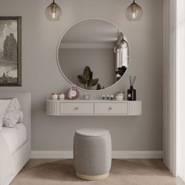 Ovalio Schminktisch 123 cm, hängend Typ 202 Wandkonsole Konsole Schlafzimmer Wohnzimmer Esszimmer Modern Farbwahl Sandbeige, Cremona-Eiche und Dunin-Eiche