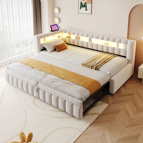 Schlafsofa, Samt mit Ausziehbett, LED & USB-Anschluss, 90x200 cm, Beige, ohne Matratze