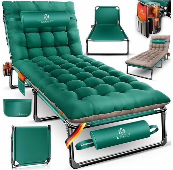 KESSER® Campingbett klappbar mit Tragetasche, Nackenkissen, Vakuumtasche & Getränkehalter, 190 x 68 x 30 cm bis 250 kg belastbar, aus Oxford-Gewebe und stabilem Stahlgerüst, ideal für Garten Camping Taupe / Grün
