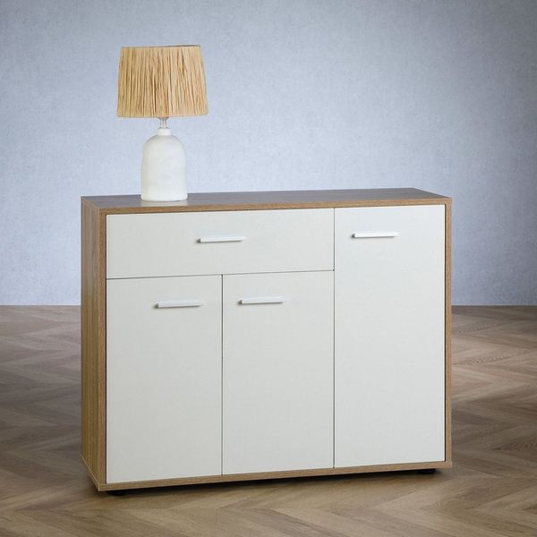 CARO-Möbel Kommode Estelle Sideboard Mehrzweckschrank, Sonoma Eiche/weiß mit 3 Türen und 1 Schublade, 88 cm breit