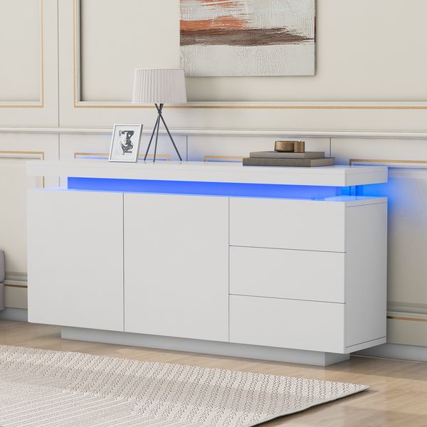Sideboard mit LED, Hochglanz & 3 Schubladen, 140 x 35 x 72,5 cm, Weiß
