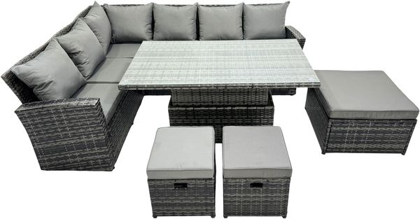 Fimous 9 Sitzer Hoher Rücken Outdoor Rattan Höhenverstellbarer Esstisch Ecksofa Set Gartenmöbel Hockern Dunkelgrau gemischt Links Hund