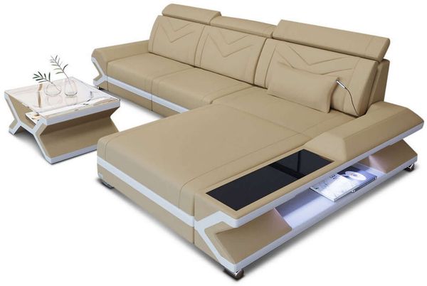 Couch Napoli L Form in Stoff - Mikrofaserstoff - beige-weiß - Rechts