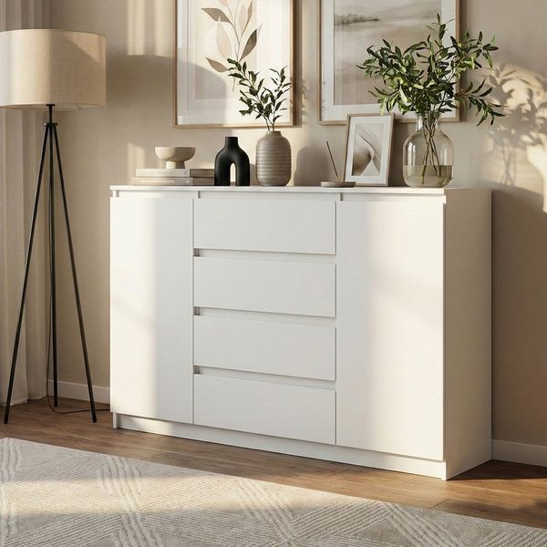 Beautysofa Kommode LEMON mit 4 Schubladen und 2 Türen (Kugelgelagerte Schubladenführungen, Weiß Modernes Sideboard), Breite: 120 cm oder 140 cm