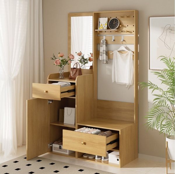 Merax Garderoben-Set Garderobenschrank Kompaktgarderobe mit Spiegel, (1-St, 105 L x 38 B x 180 H), Flurregal mit Schubladen, Schrank, verstellbaren Haken & Stauraum