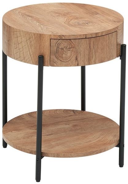 GarveeMore Beistelltisch Runder mit Schublade und Ablagen,Nachttisch aus Holz, Beistelltisch mit Natürliche Holzmaserung und Metallbeine,50x50x54.5cm