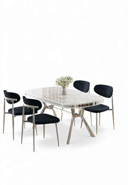 Modernes 5-teiliges Esszimmer-Set mit Tisch und Stühlen, weißer Marmor und Chrom, 168x90 cm | 100% lackierte Platte, stilvoll und langlebig