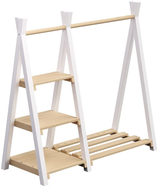 Bellabino 'Ryck' Tipi Kleiderstange mit 3 Regalen, Kiefer Massivholz, weiß/natur, 112x48x112 cm, Kindergarderobe mit Schuhablagefläche Bild 2