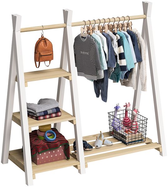Bellabino 'Ryck' Tipi Kleiderstange mit 3 Regalen, Kiefer Massivholz, weiß/natur, 112x48x112 cm, Kindergarderobe mit Schuhablagefläche Bild 10