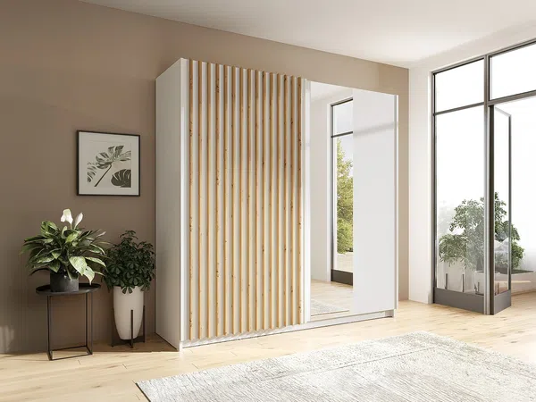 Vente-unique - TINDANIA Wardrobe and walk-in wardrobe Holz, Platte BeigeWeiß - B 62 cm x H 198,5 cm x L 200,3 cm