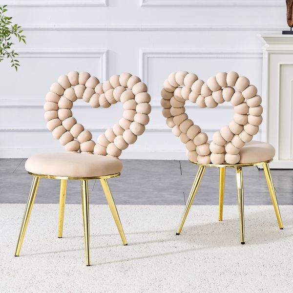 Hellbeige Samt-Esszimmerstühle (2er-Set),Herzförmige Ausschnitts-Rückenlehne Vergoldete Metallbeine Vielseitig für Esszimmer Garderobebereiche und Wohnräume,Samt,Hellbeige,