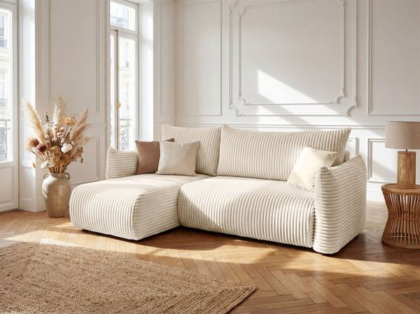 Ecksofa Schlafsofa MAILAND XS in Stoff Tilia Ecru Ottomane Links