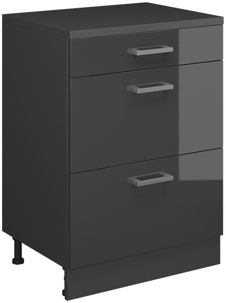Küchenschrank für Dachschrägen R-Line Anthrazit Hochglanz 60 cm ohne Schräge mit 3 Schubladen Vicco