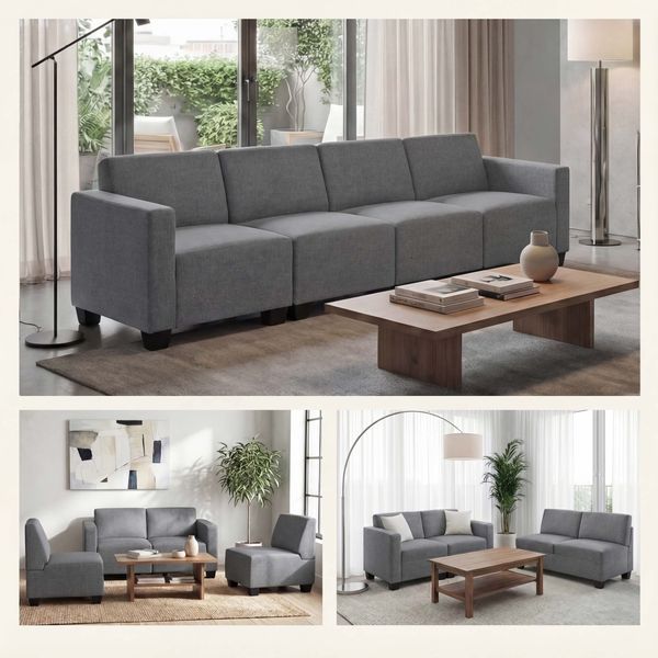 Modular 4-Sitzer Sofa Couch Lyon, Stoff/Textil ~ grau