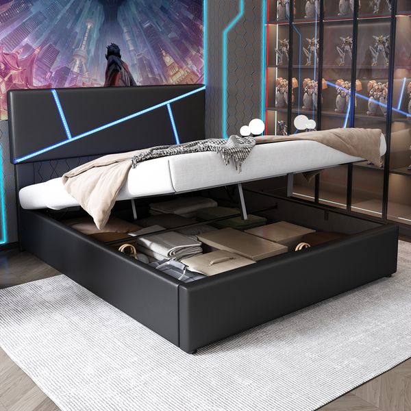Bequemes Polsterbett mit LED-Lichtleisten,140*200 cm, Doppelbett mit Lattenrost, Rückenlehne, hydraulisches Funktionsbett, Synthetisches Leder, Schwarz