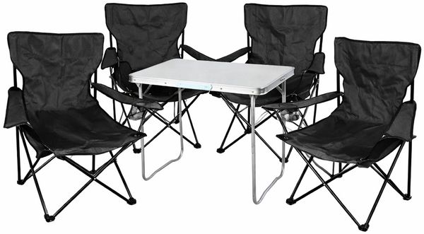 5-teiliges Campingmöbel Set Schwarz XL Tisch 80 x 60 x 68 cm + Anglersessel