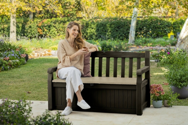 Dmora Aufbewahrungstruhe für draußen Chestermere, Gartenbox, Outdoor-Truhe, Stauraumbank für außen, 140x60 h84 cm, Braun und Beige Bild 4