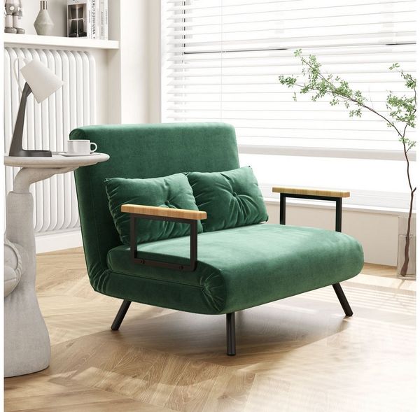 HOMCOM Schlafsofa 4 in 1 2 Sitzer Sofa mit Schlaffunktion, 183x98,5 cm Klappbar Schlafsessel mit 5-stufig Verstellbarer Rückenlehne, Armlehne, Lendenkissen Samtoptik für Wohnzimmer, Grün