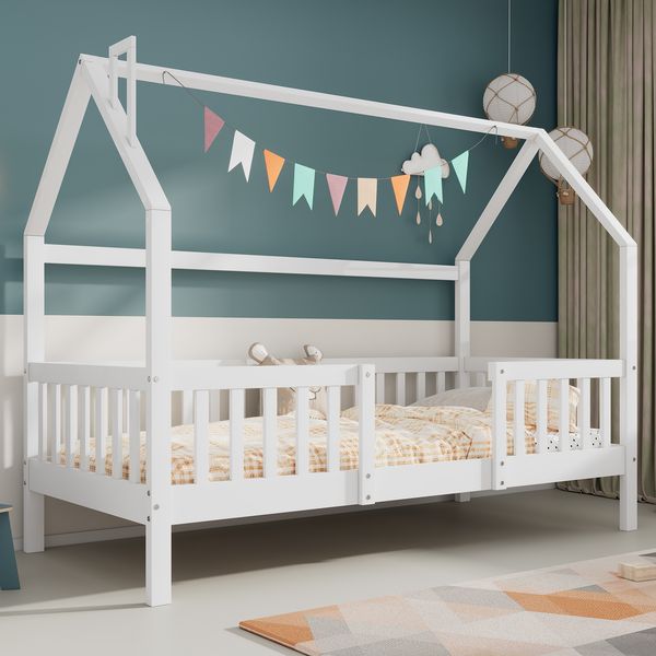 Bett Kinderhausbett 90x200 cm aus Kiefernholz mit Dach und Zaun, weiß, ohne Matratze