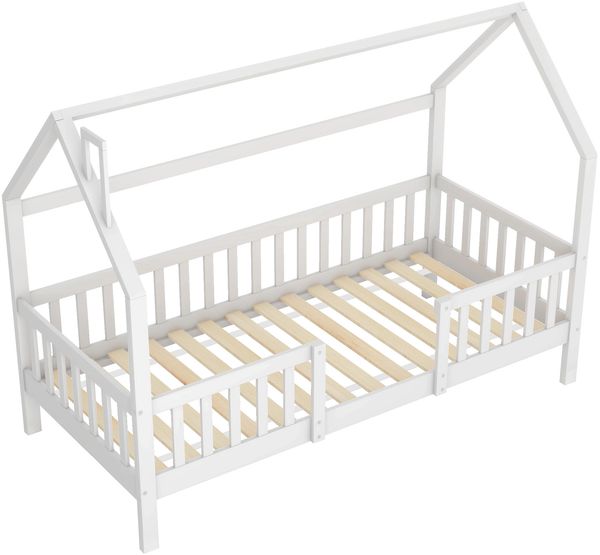 Bett Kinderhausbett 90x200 cm aus Kiefernholz mit Dach und Zaun, weiß, ohne Matratze Bild 4