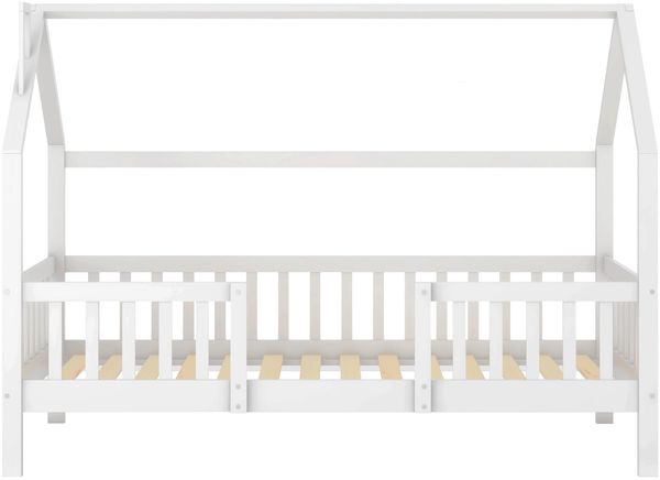 Bett Kinderhausbett 90x200 cm aus Kiefernholz mit Dach und Zaun, weiß, ohne Matratze Bild 3