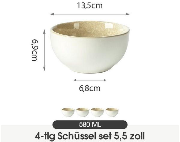 JIWOO Salatschüssel 4er Ø13.5cm, Müslischüssel Suppenschüssel Dessertschale Obstschale, Keramik, (Schüsselset, 4-tlg), Hochwertiges Schüsseln Braun Mikrowellen und spülmaschinenfest Ø13,5cm