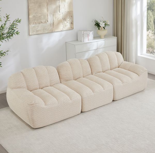 Modulares Sofa 79cm×288cm×104cm 3-Sitzer mit Ottoman – frameloses Ecksofa aus Granuliertem Fleece in Beige White