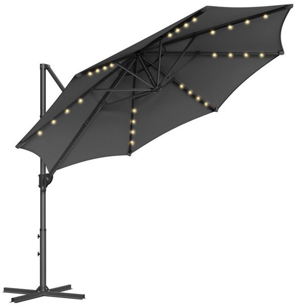 SONGMICS Sonnenschirm, Ampelschirm, 300 cm, 28 Solar-LED-Leuchten, UPF 50+, Gartenschirm, um 360° drehbar, Neigungswinkel stufenlos verstellbar, mit Kurbel, Kreuzfuß,Grau