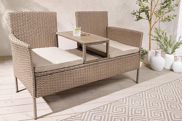 riess-ambiente Gartenbank PORTOFINO 140cm natur / beige (Einzelartikel, 1-St), Polyrattan · Balkon · Terrasse · Outdoor 2-Sitzer mit Tisch & Kissen