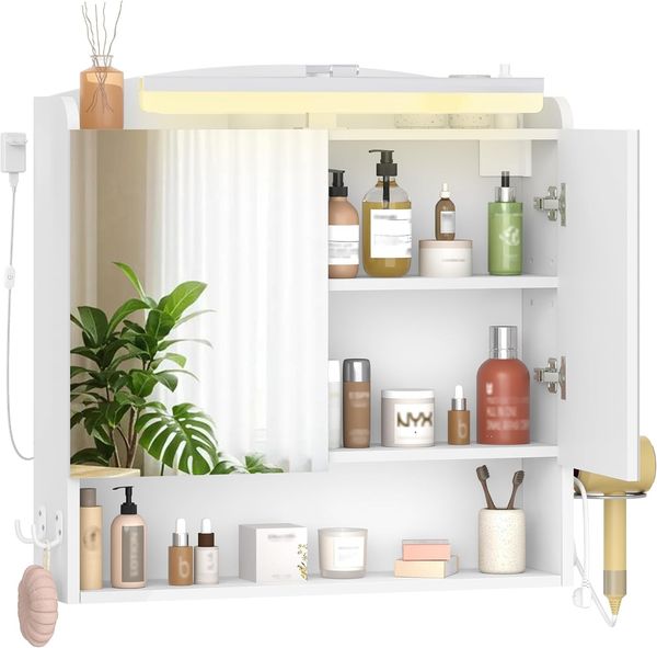 Spiegelschrank Bad mit Beleuchtung, Badezimmerschrank mit Spiegel, Wandschrank, Haartrockner-Halter und Haken, mit Stecker, Verstellbarer Etagen, Weiß, 16,5 x 70 x 75 cm Bild 2