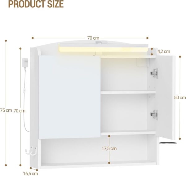 Spiegelschrank Bad mit Beleuchtung, Badezimmerschrank mit Spiegel, Wandschrank, Haartrockner-Halter und Haken, mit Stecker, Verstellbarer Etagen, Weiß, 16,5 x 70 x 75 cm Bild 8