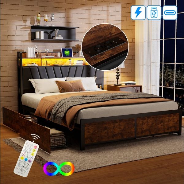 FUROKOY Polsterbett Doppelbett,Bettgestell (Holzbett mit Metall, 1-tlg, mit 4 Schubladen und Stauraumfunktion), 180x200cm