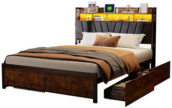 FUROKOY Polsterbett Doppelbett,Bettgestell (Holzbett mit Metall, 1-tlg, mit 4 Schubladen und Stauraumfunktion), 180x200cm