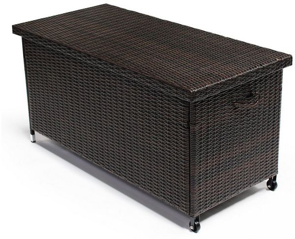 DM-Handel Kissenbox Poly Rattan Kissenbox 121x56x60cm Aufbewahrungsbox (mit Räder, Gartenbox Gartentruhe Grau, Braun, Beige Neu), Leichte Handhabung, Platzsparend