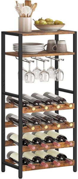 Freistehendes Weinregal für 16 Flaschen mit Tischplatte und Weinglashalter