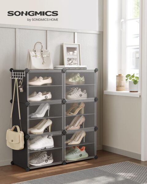 Songmics Schuhregal mit 6 Fächern, Schuhschrank, 30 x 40 x 30 cm pro Fach, schmal, mit Türen, Stahlrahmen, Kunststoff, für Flur, Schlafzimmer, Eingangsbereich, schwarz CPL033B01