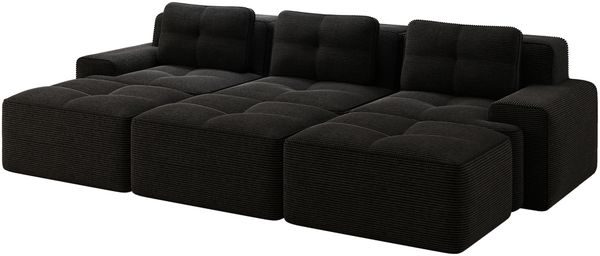 Modulares Sofa aus Cord mit Schlaffunktion & 3 Hockern, 293x177x69 cm, Schwarz Bild 4