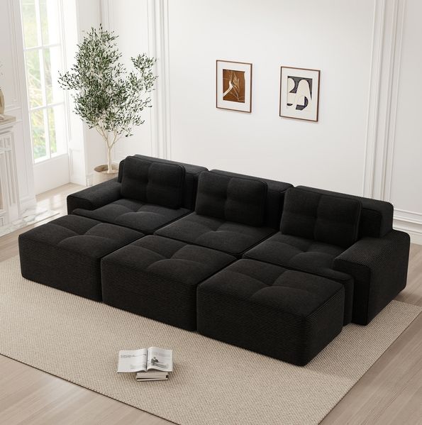 Modulares Sofa aus Cord mit Schlaffunktion & 3 Hockern, 293x177x69 cm, Schwarz