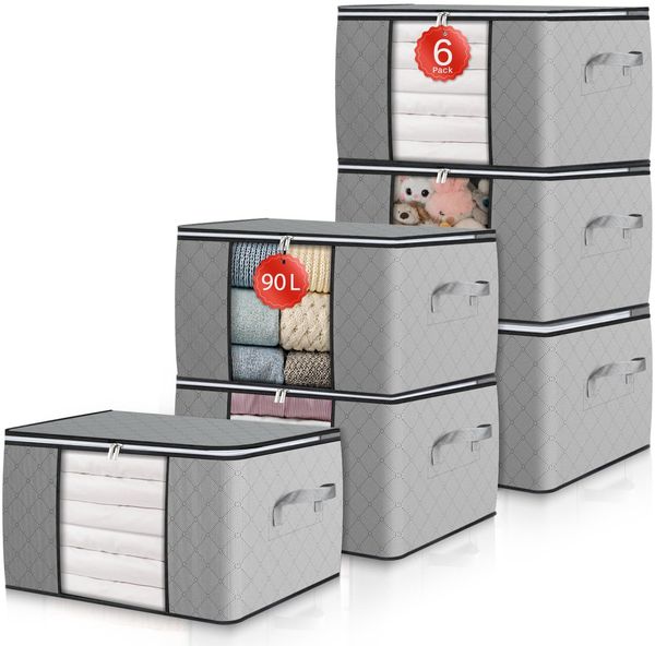 GoMaihe 6 Stück Aufbewahrungstasche Aufbewahrungsbox mit Deckel Kleiderschrank Organizer Faltbare Kleideraufbewahrung Umzugskartons mit Verstärkt Griff für Kleidung Bettdecken Kissen 90L Grau