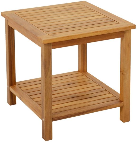 Spetebo Gartentisch Akazien Beistelltisch IOWA geölt - 45 x 45 cm (Packung, 1 Tisch), Holz Gartentisch mit 2 Ablagen