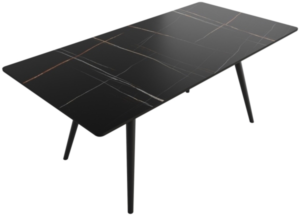 Esstisch 180x90cm schwarze Keramikplatte schwarze konische Tischbeine : Schwarz