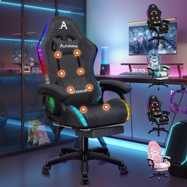 Gaming-Stuhl LED RGB Massage Lordosenstütze Fußstütze Grau