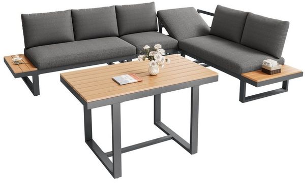 BBWL Gartenlounge-Set mit Esstisch, Stahlrahmen wetterfest, Kunststoffholz Tischplatte,grau, Gartenmöbel Essgruppe Ecklounge verstellbar