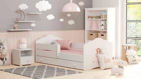 Dmora - Kinderbett Warsaw, Kinderbett für Schlafzimmer, Einzelbett mit Kommoden, Struktur mit ausziehbarem Bett, 78x144 h65 cm, Weiß mit Fee